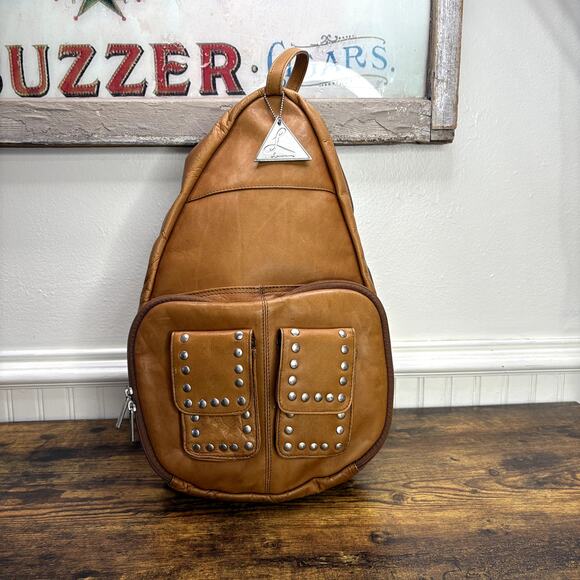 Lavive Sling Bag Convertible Backpack Tan Leather Stud Trim Pockets Boho Western - Picture 1 of 16